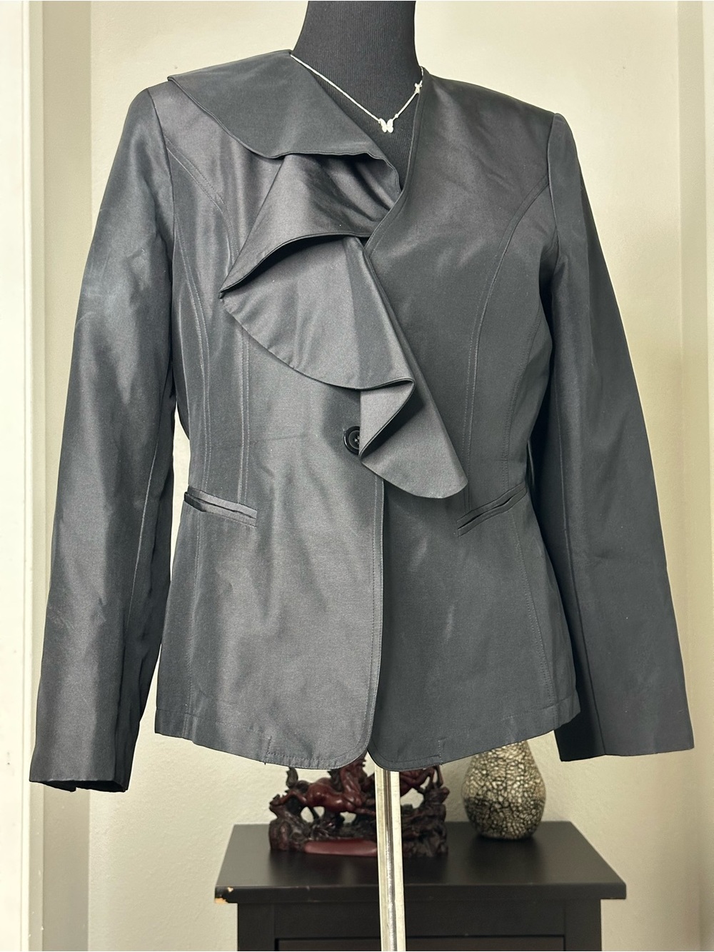 Neiman Marcus Black Ruffle Front Blazer
